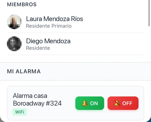 Tu alarma en la ficha de tu casa: nombre, WiFi y los botones de encender y silenciar