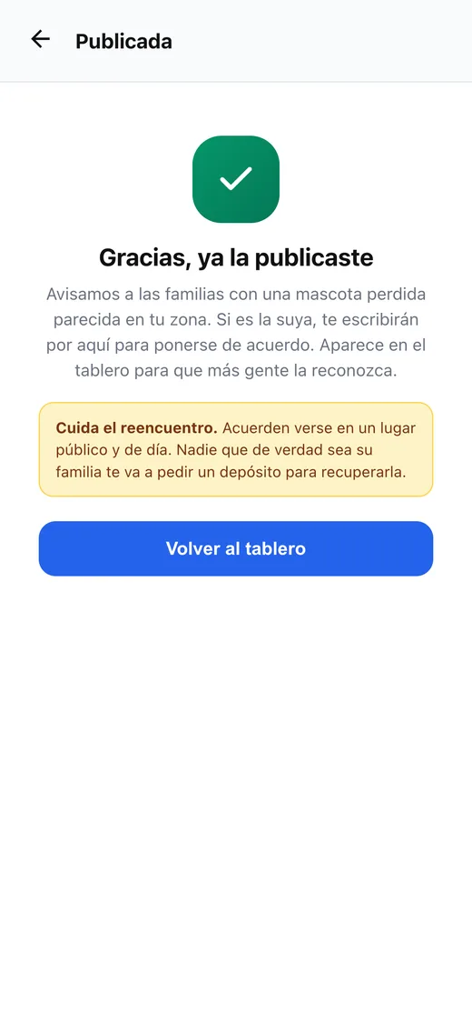 Pantalla de encontrada publicada: avisamos a las familias