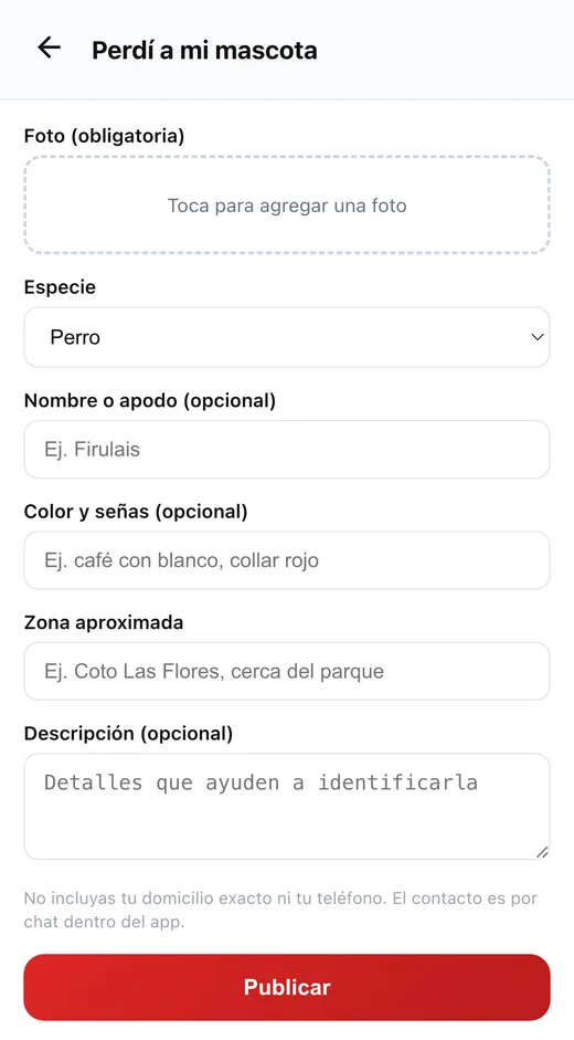 Formulario para publicar una mascota