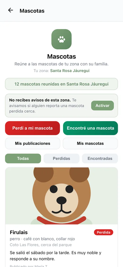 Tablero de Mascotas en la app