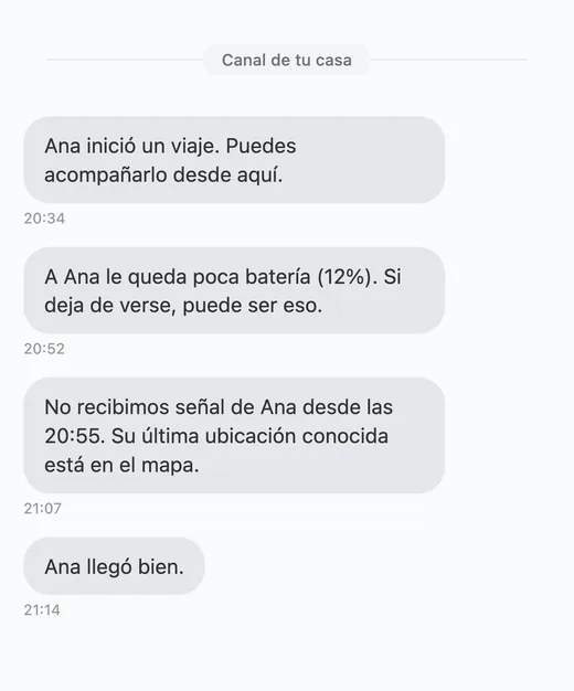 Los avisos del viaje en el chat de la casa