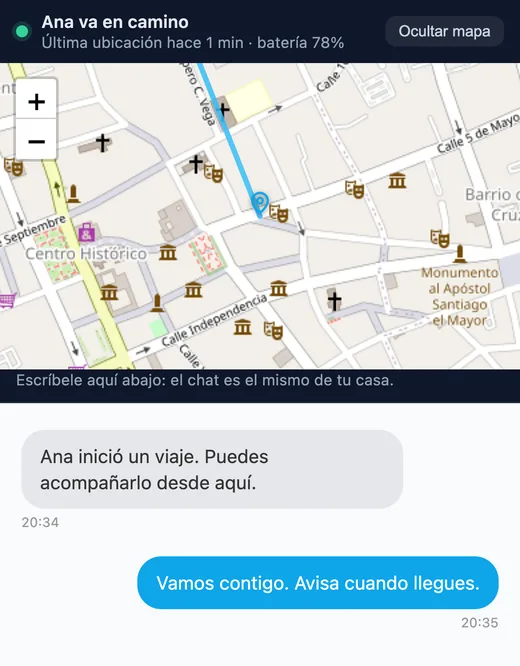Vista de quien acompaña: mapa del recorrido y el chat de la casa