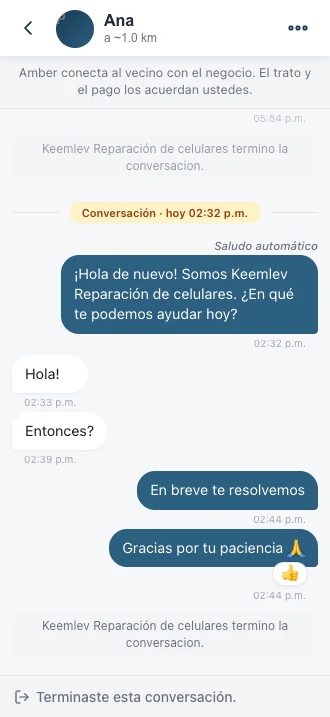 Chat entre un vecino y un negocio