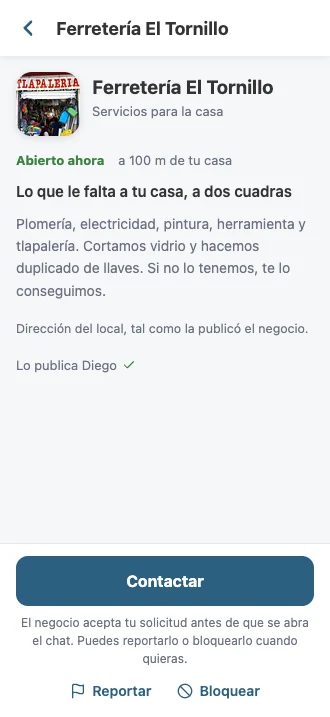 Ficha de una ferretería a 100 m, abierta ahora