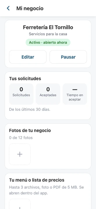 Mi negocio: solicitudes, fotos y lista de precios