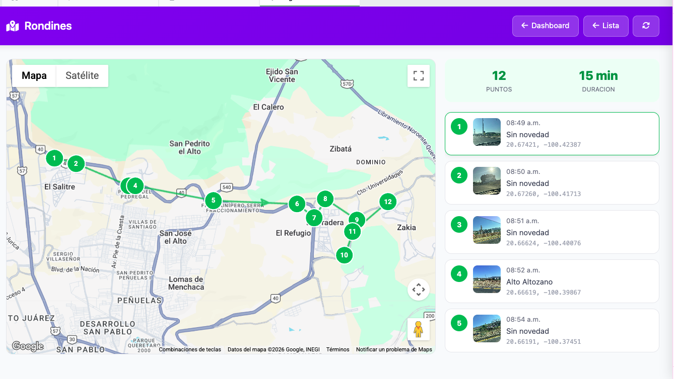 Dashboard de rondines con ruta GPS y fotos de checkpoints