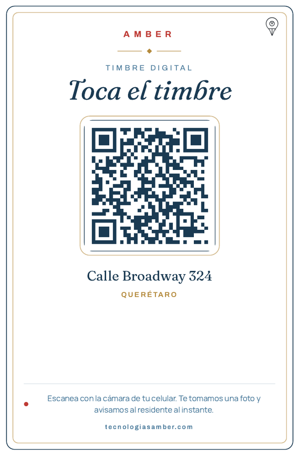 Letrero del timbre, diseño La Placa: marco navy con filo dorado y código QR
