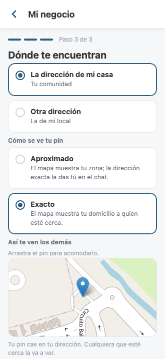Paso 3 del alta: dónde te encuentran, con la vista previa de cómo verán tu pin los demás