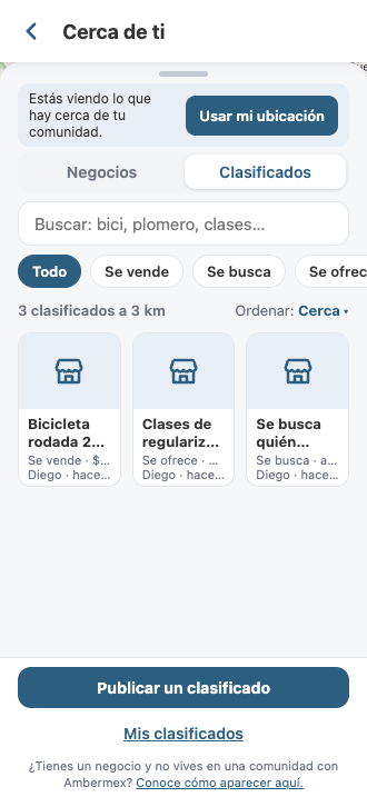 Pestaña de clasificados con clasificados de vecinos: qué se vende, precio, primer nombre y distancia aproximada