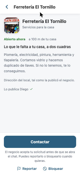 Ficha de un negocio con su horario, distancia, fotos y el botón Contactar