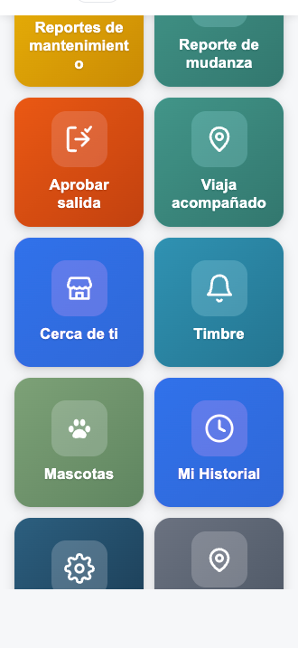 Inicio del app Ambermex con el botón «Cerca de ti» entre los demás botones de la casa