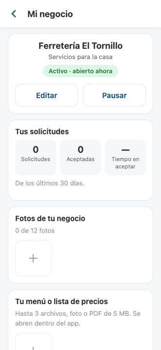 Pantalla «Mi negocio» del dueño: estado activo, editar, pausar y solicitudes perdidas
