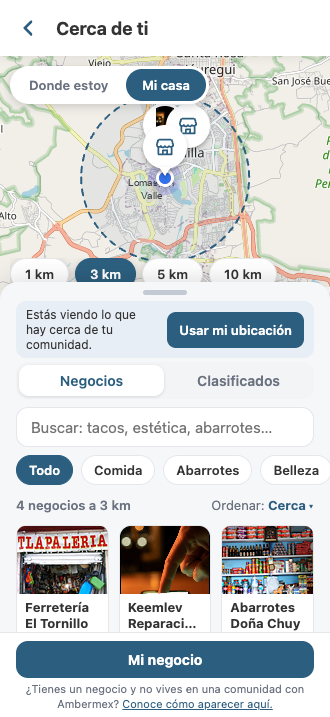Pantalla «Cerca de ti»: mapa arriba con los pines de los negocios y lista abajo, ordenada del más cercano al más lejano